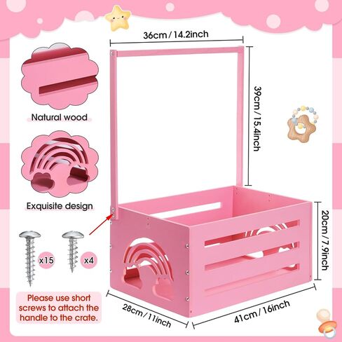 Yerliker Wooden Baby Shower Crate Closet Baby Shower Gifts Basket Storage Crate Hamper with Handle Personalized Basket for Newborn Boys Girls Pregnancy Gifts(White,Cloudy, Rainbow) in Kuwait