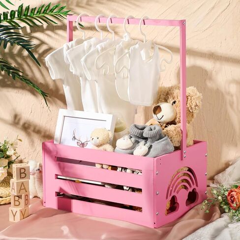 Yerliker Wooden Baby Shower Crate Closet Baby Shower Gifts Basket Storage Crate Hamper with Handle Personalized Basket for Newborn Boys Girls Pregnancy Gifts(White,Cloudy, Rainbow) in Kuwait