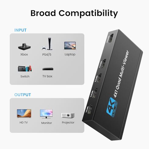4K HDMI Multiviewer Switch 4x1، NEWCARE 4 in 1 Out سلس HDMI رباعي متعدد المشاهد مع جهاز تحكم عن بعد بالأشعة تحت الحمراء، شاشة تلفزيون مقسمة تدعم 5 أوضاع عرض، 4k@30hz، 1080P، Downscaler، 36 بت، 10.2 جيجابت في الثانية. in Kuwait