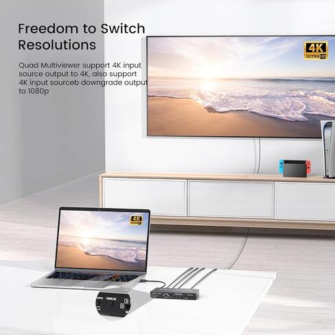 4K HDMI Multiviewer Switch 4x1، NEWCARE 4 in 1 Out سلس HDMI رباعي متعدد المشاهد مع جهاز تحكم عن بعد بالأشعة تحت الحمراء، شاشة تلفزيون مقسمة تدعم 5 أوضاع عرض، 4k@30hz، 1080P، Downscaler، 36 بت، 10.2 جيجابت في الثانية. in Kuwait