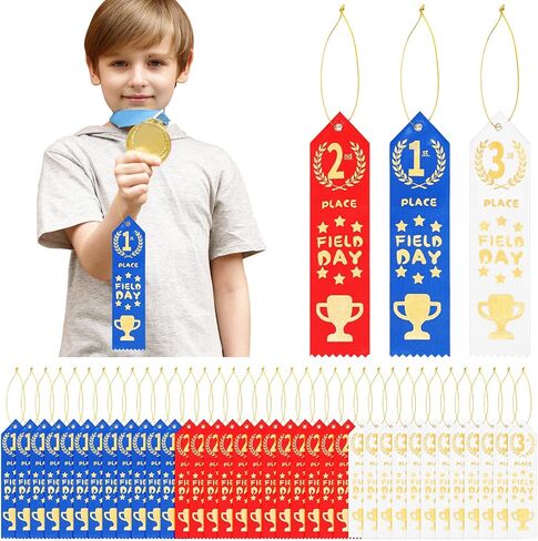 Amylove 150 Pcs Field Day Award Ribbons 1st, 2nd, 3rd First Place Prizes with Event and Rope Card First Place Ribbon Medal Ribbons for Competition, Sports Event, School, Contests, Blue Red White in Saudi Arabia