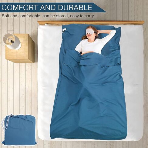بطانة حقيبة النوم وملاءة التخييم، كيس نوم وملاءات لحقائب الظهر، كيس نوم فردي خفيف الوزن، بطانات نوم مريحة للسفر في الهواء الطلق والتنزه في الفنادق والنزهات (مفردة، زرقاء) in Kuwait