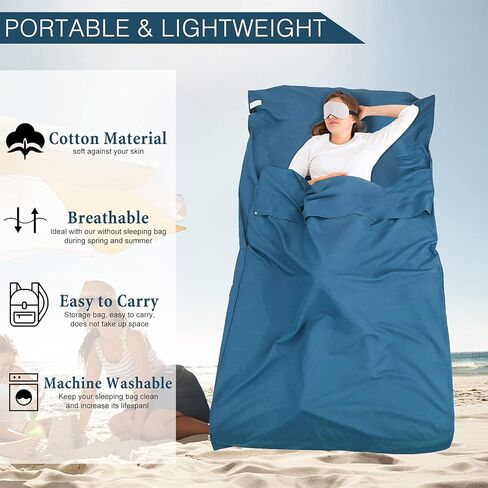 بطانة حقيبة النوم وملاءة التخييم، كيس نوم وملاءات لحقائب الظهر، كيس نوم فردي خفيف الوزن، بطانات نوم مريحة للسفر في الهواء الطلق والتنزه في الفنادق والنزهات (مفردة، زرقاء) in Kuwait