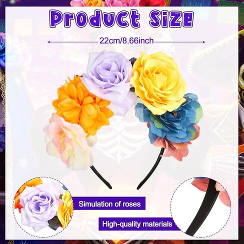 8 قطع عصابة رأس زهرة مكسيكية فييستا زهرة الورد تاج عصابة رأس يوم الموتى زي زهرة الورد تاج المكسيكي خوذة للنساء الفتيات الحفلات التنكرية in Kuwait