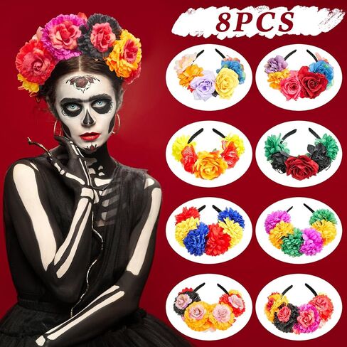 8 قطع عصابة رأس زهرة مكسيكية فييستا زهرة الورد تاج عصابة رأس يوم الموتى زي زهرة الورد تاج المكسيكي خوذة للنساء الفتيات الحفلات التنكرية in Kuwait