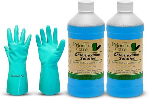 محلول الكلورهيكسيدين من شركة First Priority Care 2% - 16 أونصة سائلة - مطهر قوي لصحة بشرة الحيوانات الأليفة - متوفر بجودة ممتازة مع قفازات - عبوتان in Kuwait