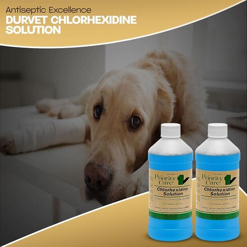 محلول الكلورهيكسيدين من شركة First Priority Care 2% - 16 أونصة سائلة - مطهر قوي لصحة بشرة الحيوانات الأليفة - متوفر بجودة ممتازة مع قفازات - عبوتان in Kuwait