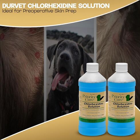 محلول الكلورهيكسيدين من شركة First Priority Care 2% - 16 أونصة سائلة - مطهر قوي لصحة بشرة الحيوانات الأليفة - متوفر بجودة ممتازة مع قفازات - عبوتان in Kuwait