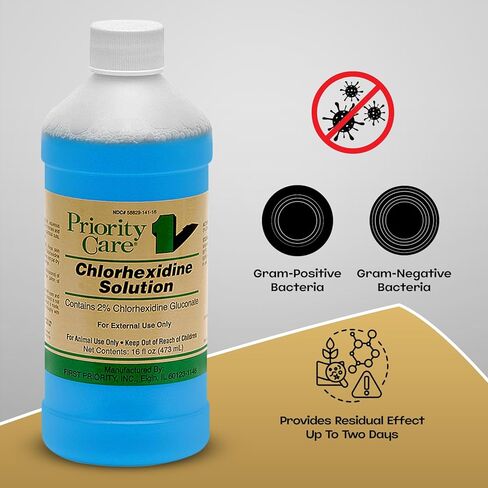محلول الكلورهيكسيدين من شركة First Priority Care 2% - 16 أونصة سائلة - مطهر قوي لصحة بشرة الحيوانات الأليفة - متوفر بجودة ممتازة مع قفازات - عبوتان in Kuwait