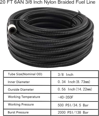 YaeMarine 20FT AN6 خط خرطوم وقود زيت النايلون المضفر المقاوم للصدأ، أسود in Kuwait