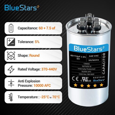 BlueStars 60+7.5 uf MFD ±5% 370 or 440 Volt AC CBB65B Dual Run Round Capacitor Replacement Part - Exact Fit for Condenser Straight Cool or Heat Pump Air Conditioner in Saudi Arabia