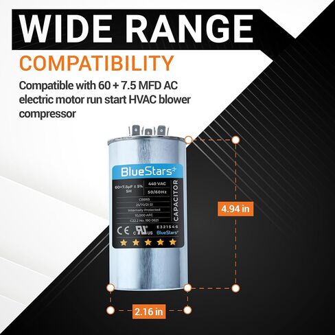 BlueStars 60+7.5 uf MFD ±5% 370 or 440 Volt AC CBB65B Dual Run Round Capacitor Replacement Part - Exact Fit for Condenser Straight Cool or Heat Pump Air Conditioner in Saudi Arabia