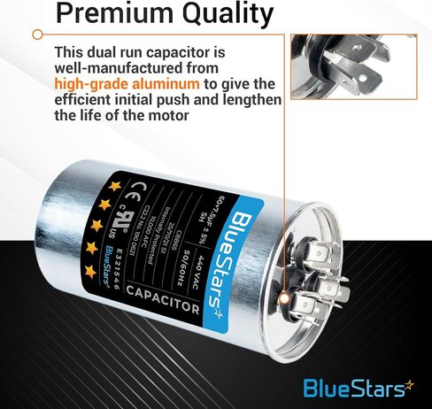 BlueStars 60+7.5 uf MFD ±5% 370 or 440 Volt AC CBB65B Dual Run Round Capacitor Replacement Part - Exact Fit for Condenser Straight Cool or Heat Pump Air Conditioner in Saudi Arabia