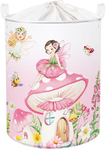 Clastyle 45L Fantasy Rabbit Ballet Dancer Collapsible Laundry Basket Pink Cloud Dancing Butterfly Dirty Clothes Hamper Round Toy Girls Storage Basket with Lid, 14.2x17.7 in in Saudi Arabia
