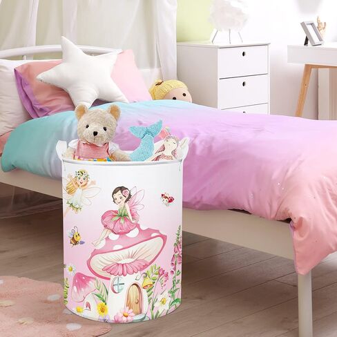 Clastyle 45L Fantasy Rabbit Ballet Dancer Collapsible Laundry Basket Pink Cloud Dancing Butterfly Dirty Clothes Hamper Round Toy Girls Storage Basket with Lid, 14.2x17.7 in in Saudi Arabia