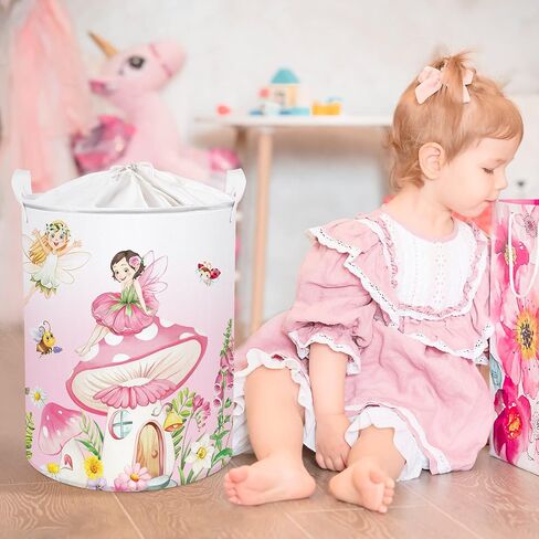 Clastyle 45L Fantasy Rabbit Ballet Dancer Collapsible Laundry Basket Pink Cloud Dancing Butterfly Dirty Clothes Hamper Round Toy Girls Storage Basket with Lid, 14.2x17.7 in in Saudi Arabia