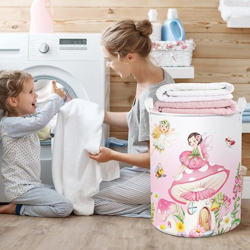 Clastyle 45L Fantasy Rabbit Ballet Dancer Collapsible Laundry Basket Pink Cloud Dancing Butterfly Dirty Clothes Hamper Round Toy Girls Storage Basket with Lid, 14.2x17.7 in in Saudi Arabia
