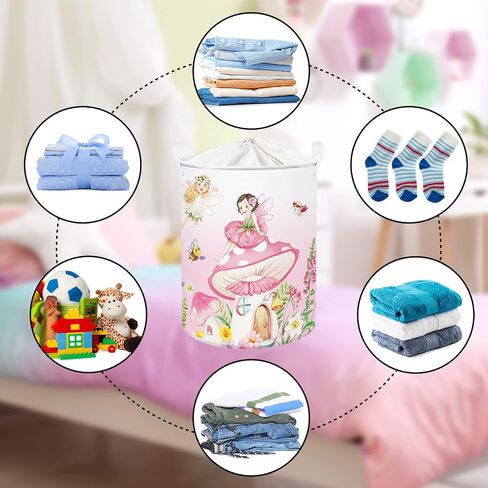 Clastyle 45L Fantasy Rabbit Ballet Dancer Collapsible Laundry Basket Pink Cloud Dancing Butterfly Dirty Clothes Hamper Round Toy Girls Storage Basket with Lid, 14.2x17.7 in in Saudi Arabia