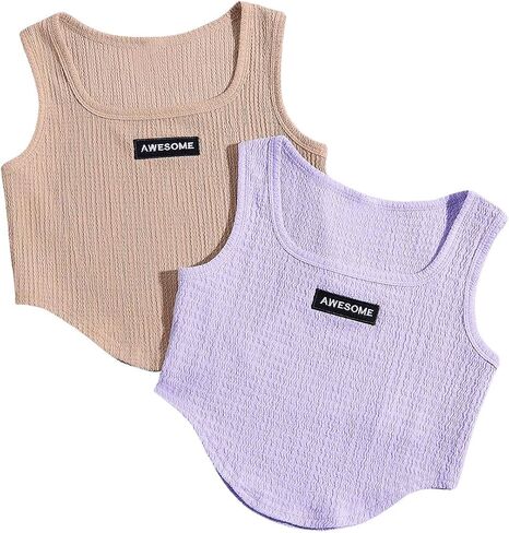 SweatyRocks Girl's 2 Piece Letter Patched Square Neck Tank Tops Asymmetrical Hem Sleeveless Cami Tops in Saudi Arabia