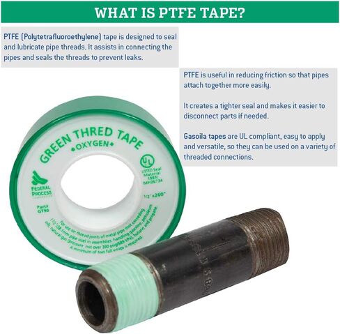 شريط خيط عالي الكثافة من Gasoila Green PTFE للأكسجين، -450 إلى 550 درجة فهرنهايت، درجة حرارة الأداء، 3.7 مل، طول 260 بوصة، عرض 1/2 بوصة، 3 عبوات (GT90-3) in Kuwait