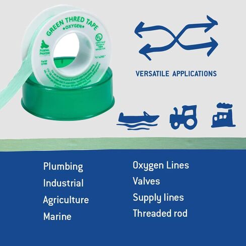 شريط خيط عالي الكثافة من Gasoila Green PTFE للأكسجين، -450 إلى 550 درجة فهرنهايت، درجة حرارة الأداء، 3.7 مل، طول 260 بوصة، عرض 1/2 بوصة، 3 عبوات (GT90-3) in Kuwait