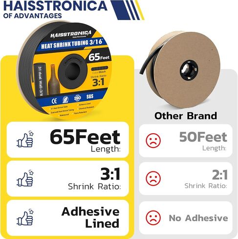 haisstronica 3: 1 أنبوب انكماش حراري، أنبوب انكماش حراري مبطن بمادة لاصقة من الدرجة البحرية للمنزل والسيارات والصناعية (أسود) 65FT 3/16 بوصة in Saudi Arabia