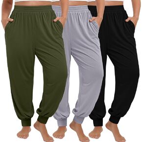 3 Pack Women's Plus Size Yoga Joggers, Comfy High Waisted Lounge Pants Loose Casual Sweatpants Pajama with Pockets in Kuwait