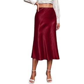 Women's Silky Satin Skirts High Waist A Line Flared Zipper Elegant Midi Skirt Solid Cotton Casual Loose Clothes in Kuwait