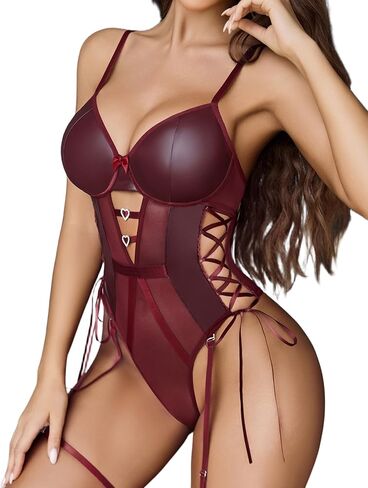 Avidlove Sexy Lingerie for Women Leather Teddy Lingerie Mesh Bodysuit Garter Belt Set S-XXL(No leg ring) in Saudi Arabia