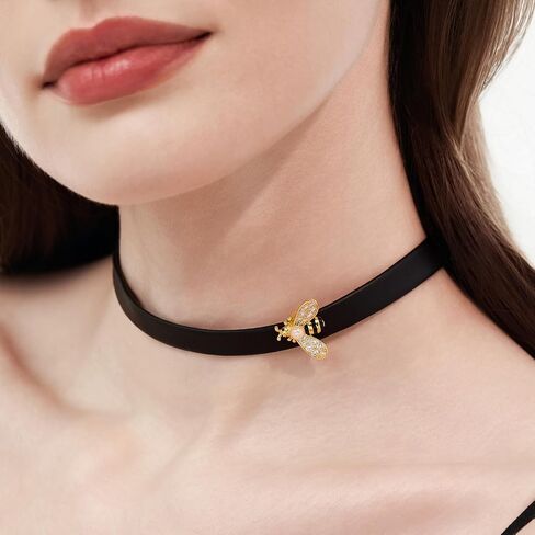 Cicy Bell Womens Black Choker Necklace 18k Gold Plated Brass Adjustable Faux Leather Punk Bumble Bee Round Party Collars Jewelry Gifts for Lover Friends in Saudi Arabia