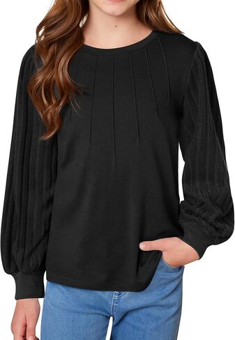 Girls Puff Long Sleeve Shirts Ribbed Knit Fall Blouse Pleated Solid Casual Tunic Top 6-14 Years in Saudi Arabia