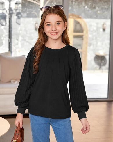 Girls Puff Long Sleeve Shirts Ribbed Knit Fall Blouse Pleated Solid Casual Tunic Top 6-14 Years in Saudi Arabia
