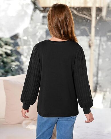 Girls Puff Long Sleeve Shirts Ribbed Knit Fall Blouse Pleated Solid Casual Tunic Top 6-14 Years in Saudi Arabia