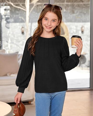 Girls Puff Long Sleeve Shirts Ribbed Knit Fall Blouse Pleated Solid Casual Tunic Top 6-14 Years in Saudi Arabia