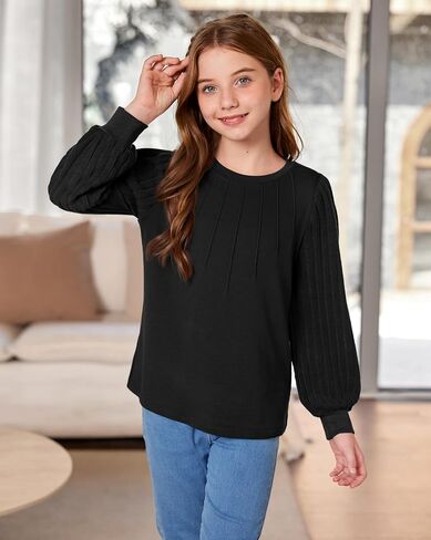 Girls Puff Long Sleeve Shirts Ribbed Knit Fall Blouse Pleated Solid Casual Tunic Top 6-14 Years in Saudi Arabia