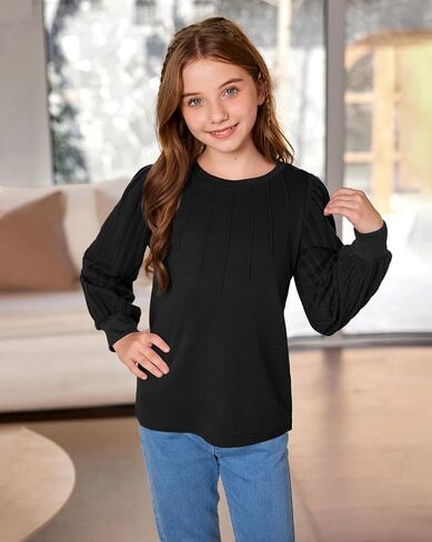 Girls Puff Long Sleeve Shirts Ribbed Knit Fall Blouse Pleated Solid Casual Tunic Top 6-14 Years in Saudi Arabia