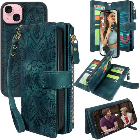 Harryshell Compatible with iPhone 14 6.1 inch 5G 2022 Wallet Case Detachable Magnetic Cover Zipper Cash Pocket Multi Card Slots Holder Wrist Strap Lanyard (Floral Black) in Kuwait