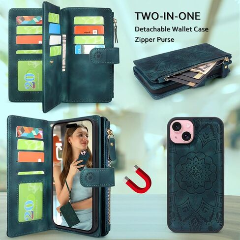 Harryshell Compatible with iPhone 14 6.1 inch 5G 2022 Wallet Case Detachable Magnetic Cover Zipper Cash Pocket Multi Card Slots Holder Wrist Strap Lanyard (Floral Black) in Kuwait