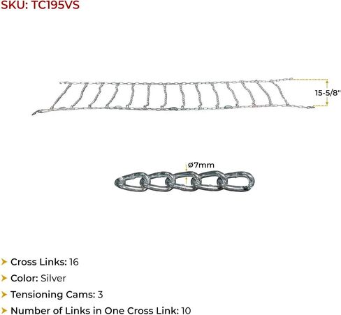 Mytee Products Cam Round Twisted Link Snow Tire Chains Compatible w/ 19.5" Rim Diameter & 8" Wide Car Pickup Low-duty Trucks SUV Tires, Strong Tire Traction Chain - Set of 2 in Saudi Arabia