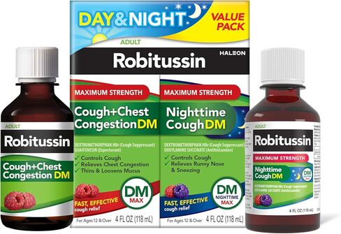 Robitussin Maximum Strength Cough + Chest Congestion DM And Maximum Strength Nighttime Cough DM, Cough Medicine For Adults, Berry Flavor - 4 Fl Oz Bottles (Pack of 2) in Kuwait