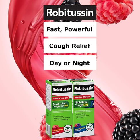 Robitussin Maximum Strength Cough + Chest Congestion DM And Maximum Strength Nighttime Cough DM, Cough Medicine For Adults, Berry Flavor - 4 Fl Oz Bottles (Pack of 2) in Kuwait
