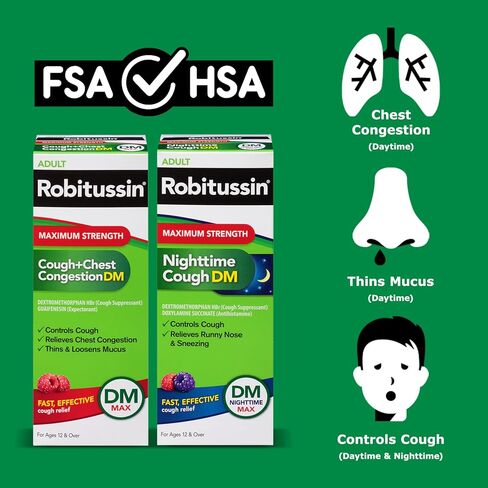 Robitussin Maximum Strength Cough + Chest Congestion DM And Maximum Strength Nighttime Cough DM, Cough Medicine For Adults, Berry Flavor - 4 Fl Oz Bottles (Pack of 2) in Kuwait