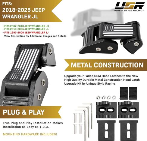 USR 07-25 JK and JL HOOD LATCHES Metal Constructed Lock Catch – HeavyDuty Hoodlatch Set (2pc) Compatible with 2007-2025 Jeep Wrangler Rubicon Sahara Sport Willys (USA FLAG EDITION w/INSTALL HARDWARE) in Saudi Arabia