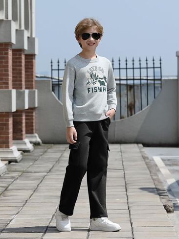 Haloumoning Boys Fleece Cargo Sweatpants Kids Athletic Wide Leg Joggers with Open Bottom and Drawstring & Pockets in Saudi Arabia