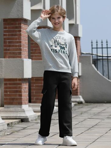 Haloumoning Boys Fleece Cargo Sweatpants Kids Athletic Wide Leg Joggers with Open Bottom and Drawstring & Pockets in Saudi Arabia