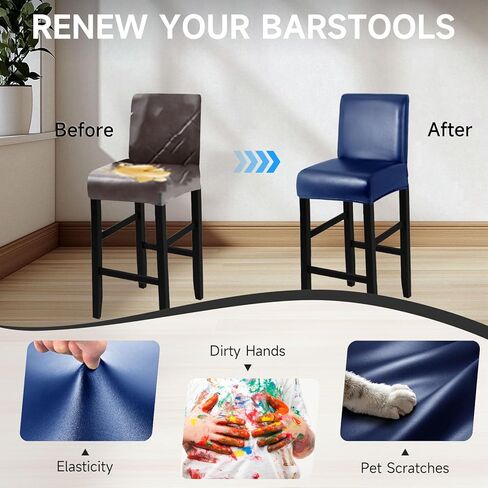 PU Leather Bar Stool Covers with Backs 100% Waterproof Bar Stools Covers Set of 4, Removable Stretch Barstool Slipcovers for Pub Cafe Dining Room (Black) in Kuwait