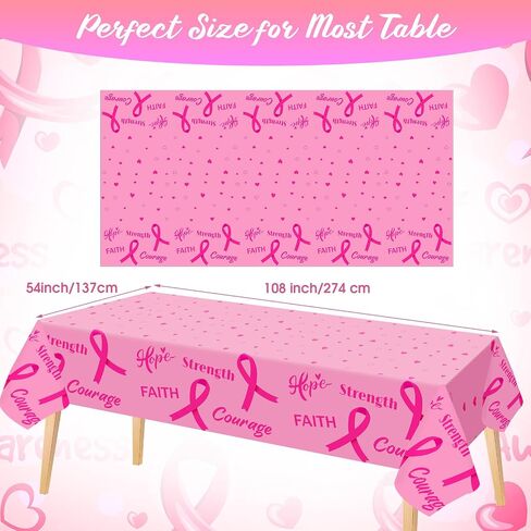 3 Pieces Breast Cancer Awareness Tablecloth, 54 x 108 in Pink Ribbon Plastic Table Cover, Breast Cancer Awareness Accessories Gifts for Cancer Survivor Women Charity Public Dining Kitchen(Black) in Saudi Arabia