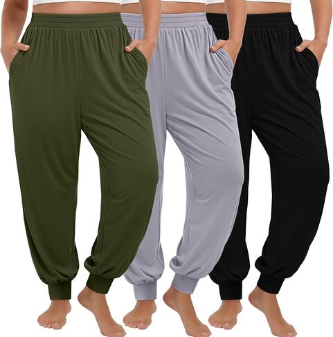 3 Pack Women's Plus Size Yoga Joggers, Comfy High Waisted Lounge Pants Loose Casual Sweatpants Pajama with Pockets in Saudi Arabia