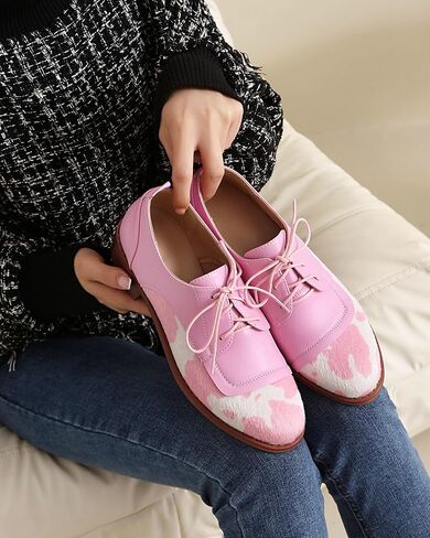 SHEMEE Women's Pony Hair Oxfords Chunky Low Heels Two Tone Brogues Lace Up Splicing Flats Derby Shoes Ponyhair Loafers Brock Design Dress Shoe in Kuwait