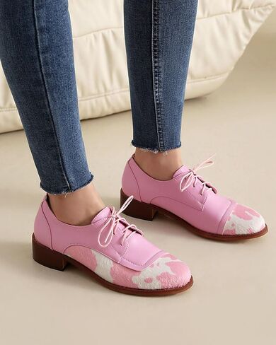 SHEMEE Women's Pony Hair Oxfords Chunky Low Heels Two Tone Brogues Lace Up Splicing Flats Derby Shoes Ponyhair Loafers Brock Design Dress Shoe in Kuwait